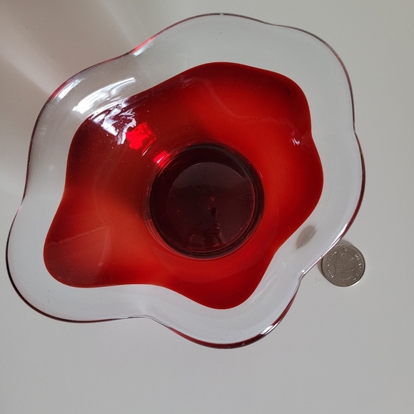 Vintage Red Clear Encased Art Glass Decorative Bowl Free Form - Picture 5 of 7